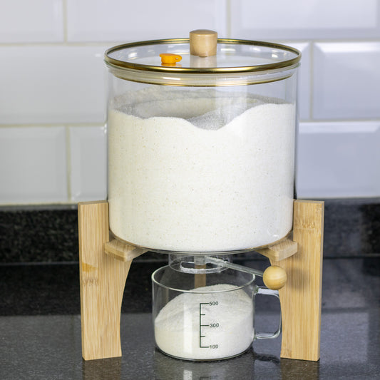 Glass Grain Dispenser with Bamboo Stand & Measuring Cup
