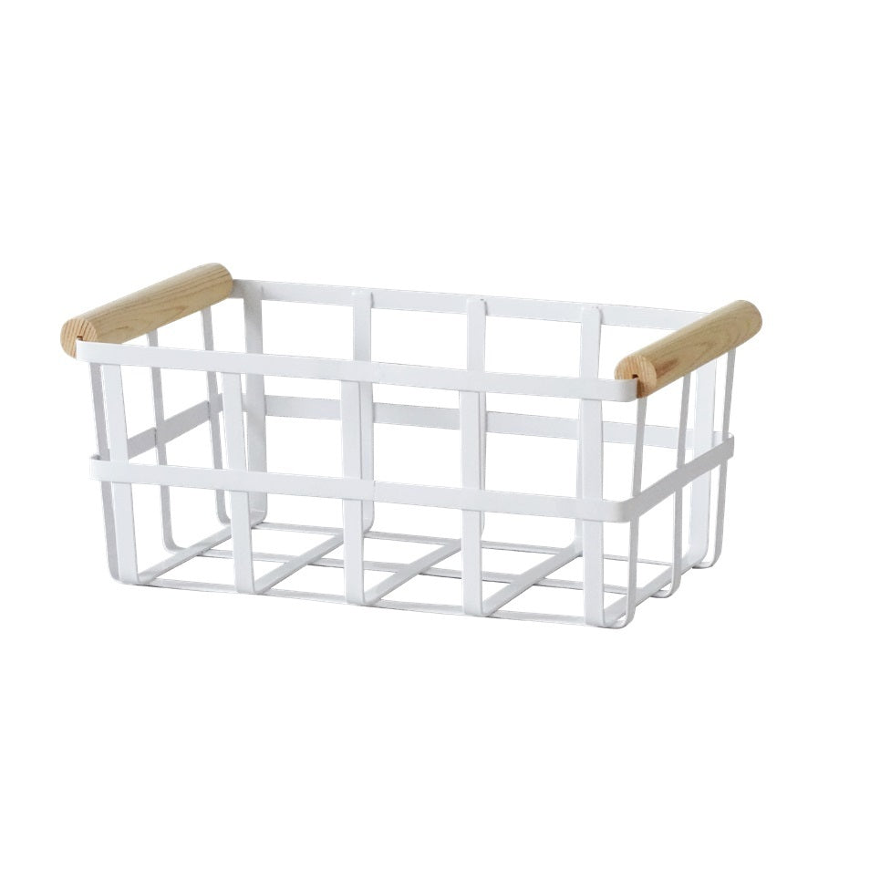 White Metal Storage Basket with Wood Handles