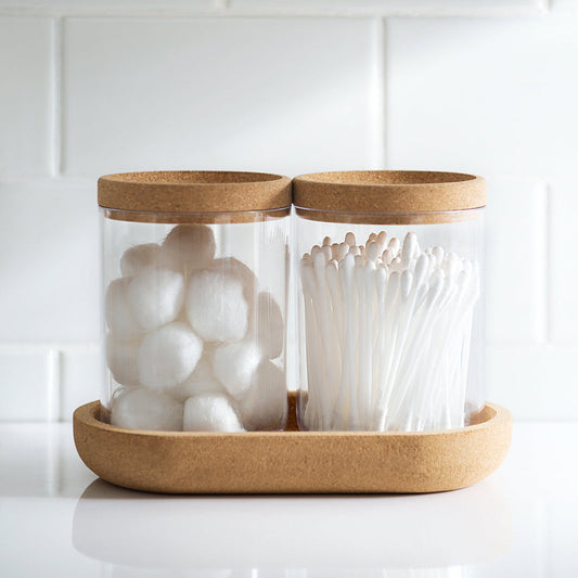 Set of 2 Glass Storage Jars with Cork Lids & Tray