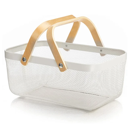 Rectangle Mesh storage basket with wooden handle