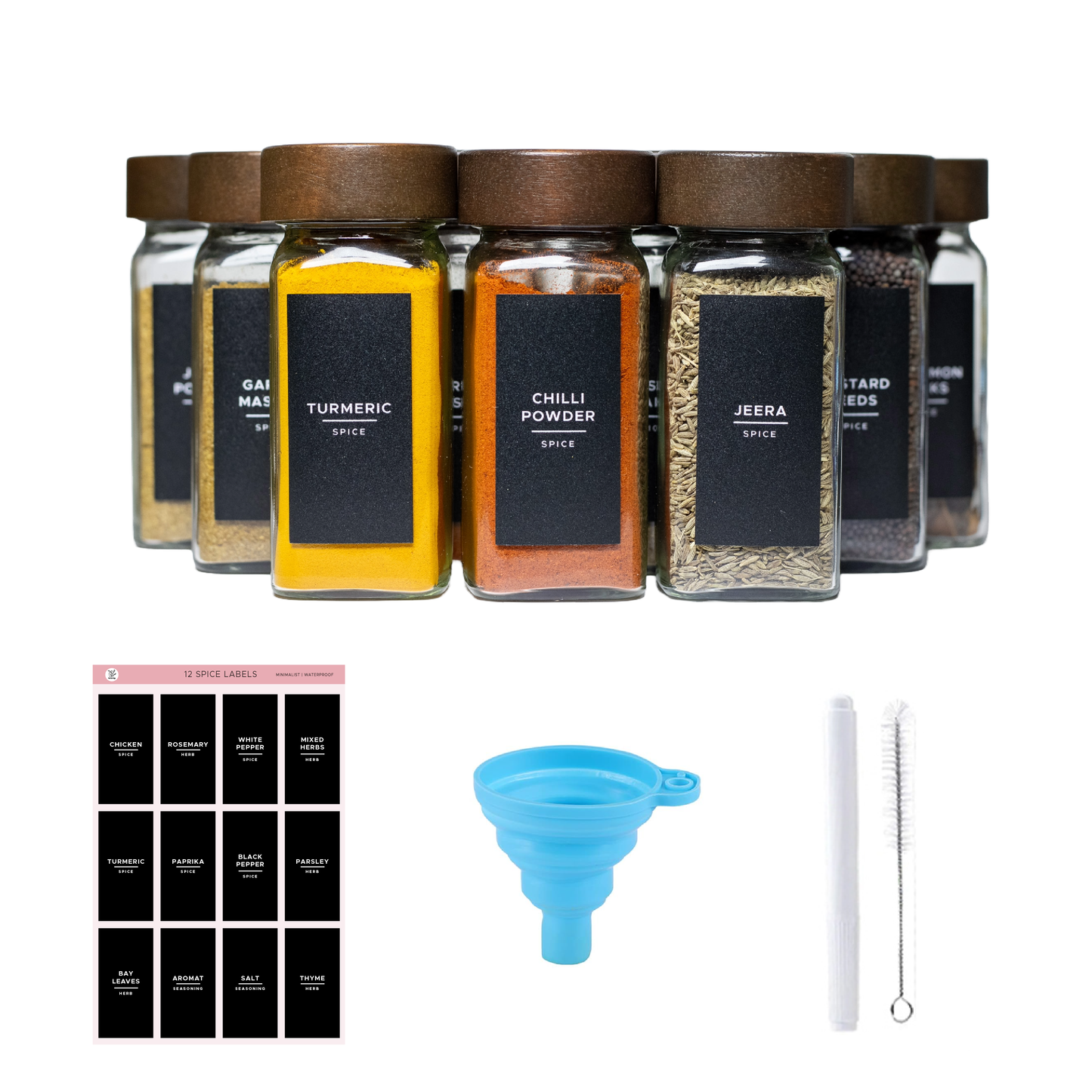 Set of 12 Spice Jars with Walnut Lid