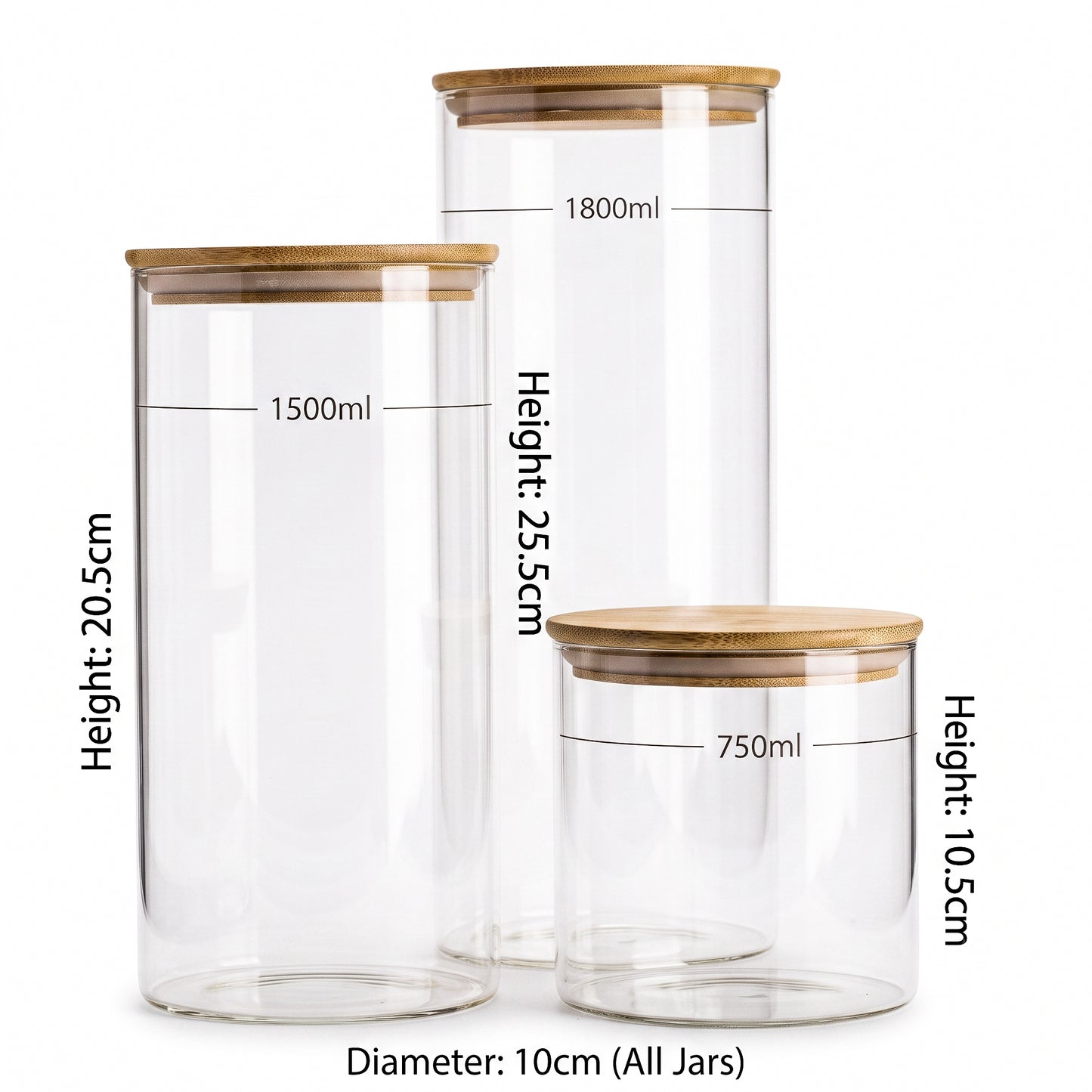 Set of 3 Round Glass Pantry Jars with Bamboo Lids