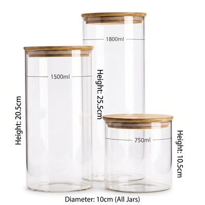 Set of 3 Round Glass Pantry Jars with Bamboo Lids