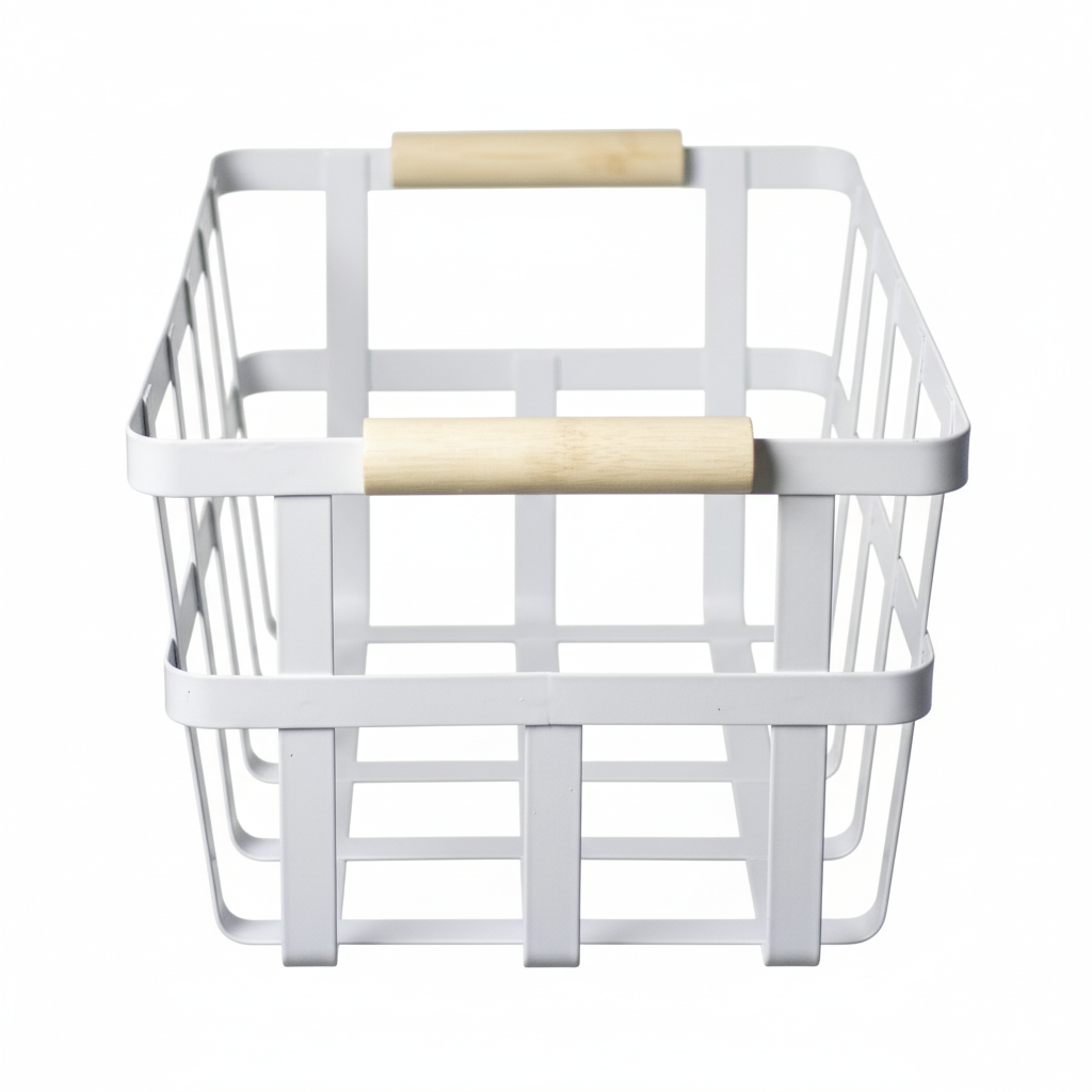 White Metal Storage Basket with Wood Handles