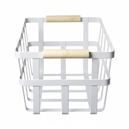 White Metal Storage Basket with Wood Handles