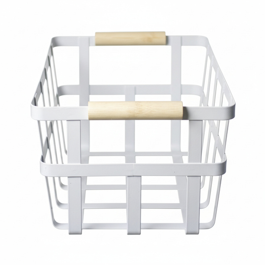 White Metal Storage Basket with Wood Handles