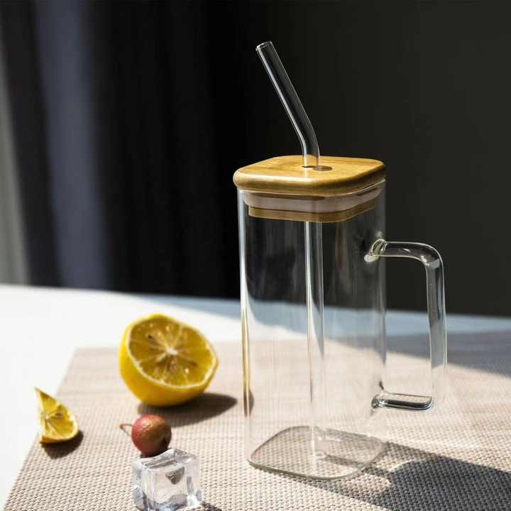 Square Glass cup with bamboo lid & straw