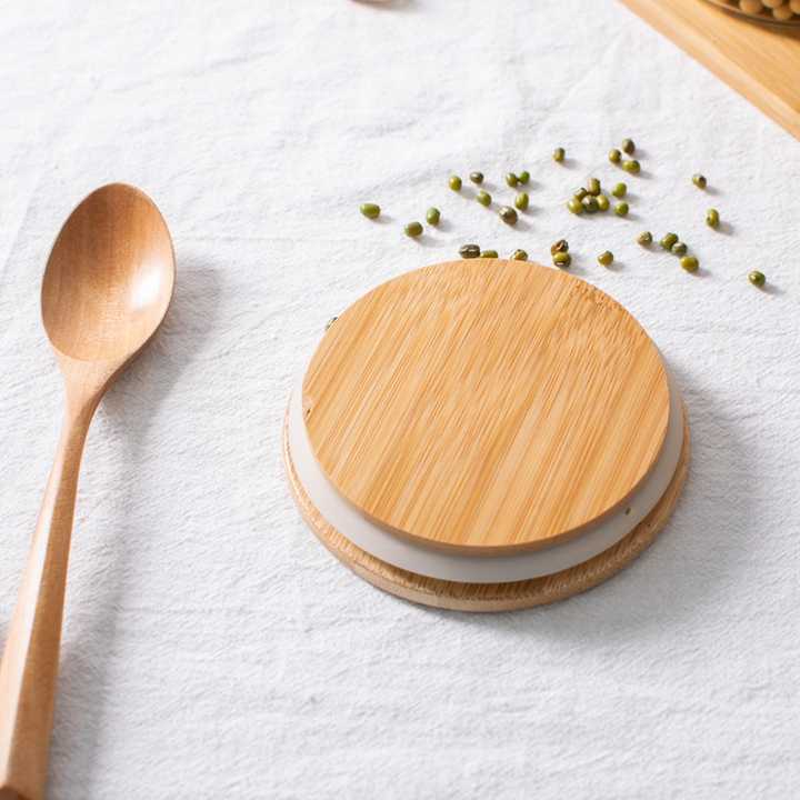 Set of 3 Glass Spice Jars With Bamboo Lids and Spoon on a Bamboo Tray 350ml  