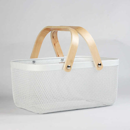 Rectangular Mesh storage basket with wooden handle