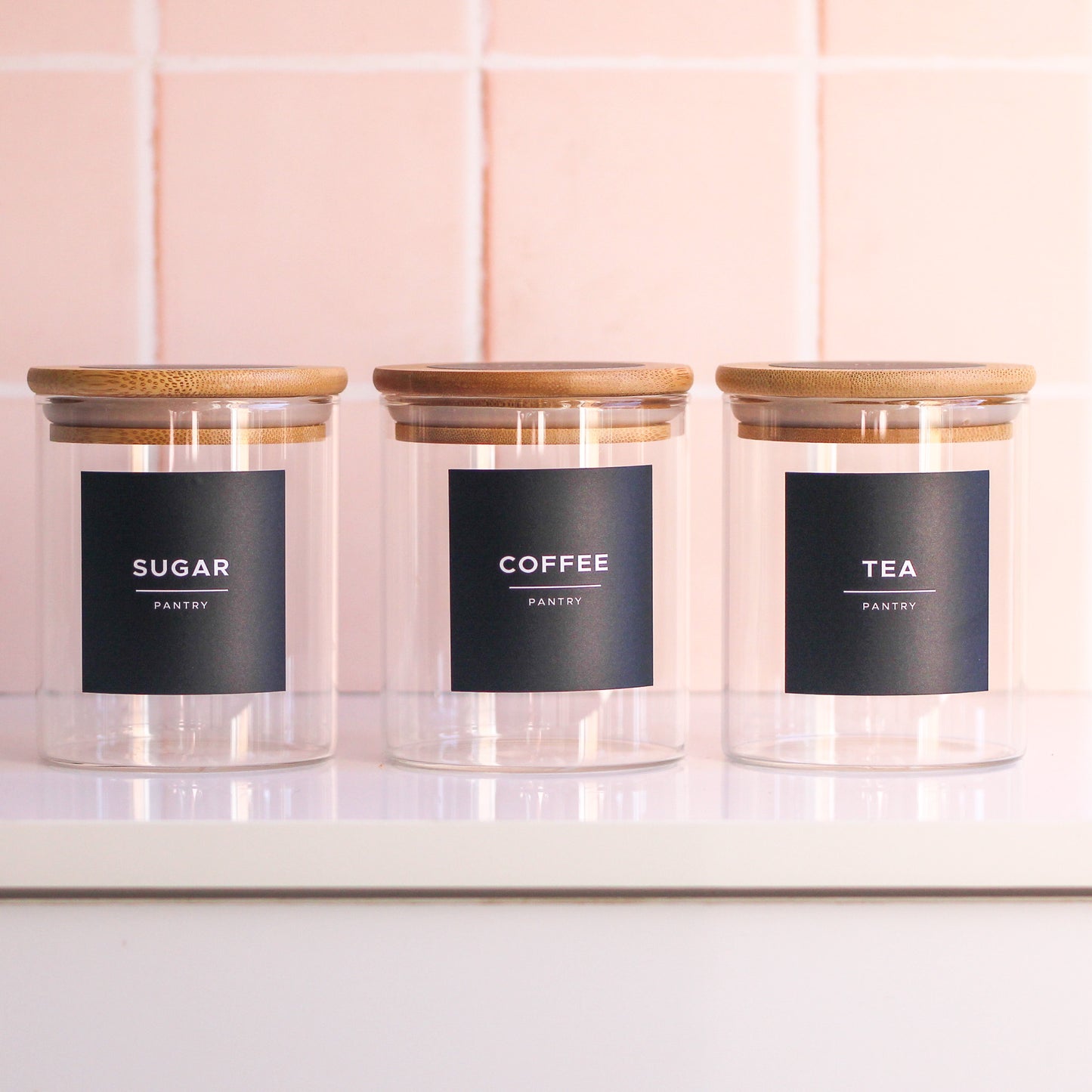 Set of 3 glass jars with labels