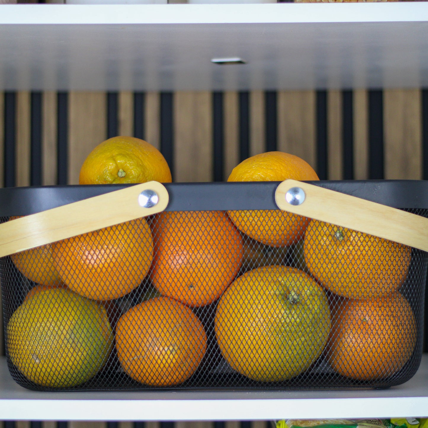 Rectangular Mesh storage basket with wooden handle