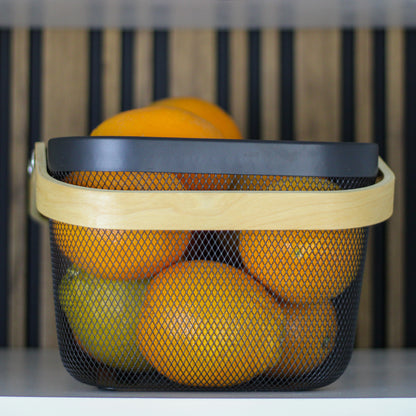 Rectangular Mesh storage basket with wooden handle