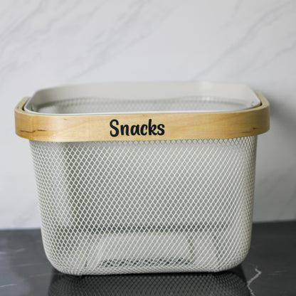 Square mesh storage basket with wooden handle