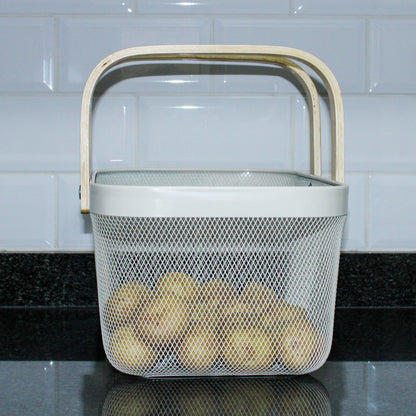 Rectangular Mesh storage basket with wooden handle