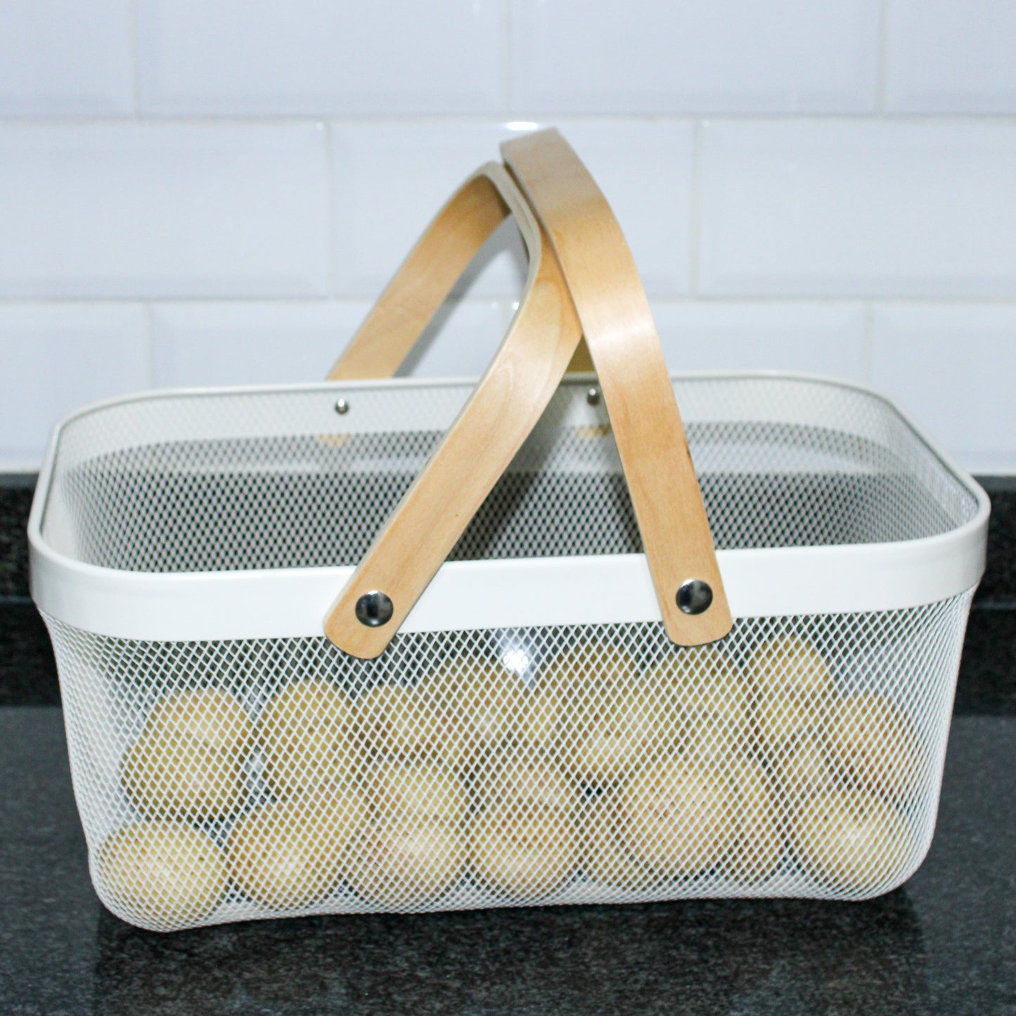 Rectangular Mesh storage basket with wooden handle