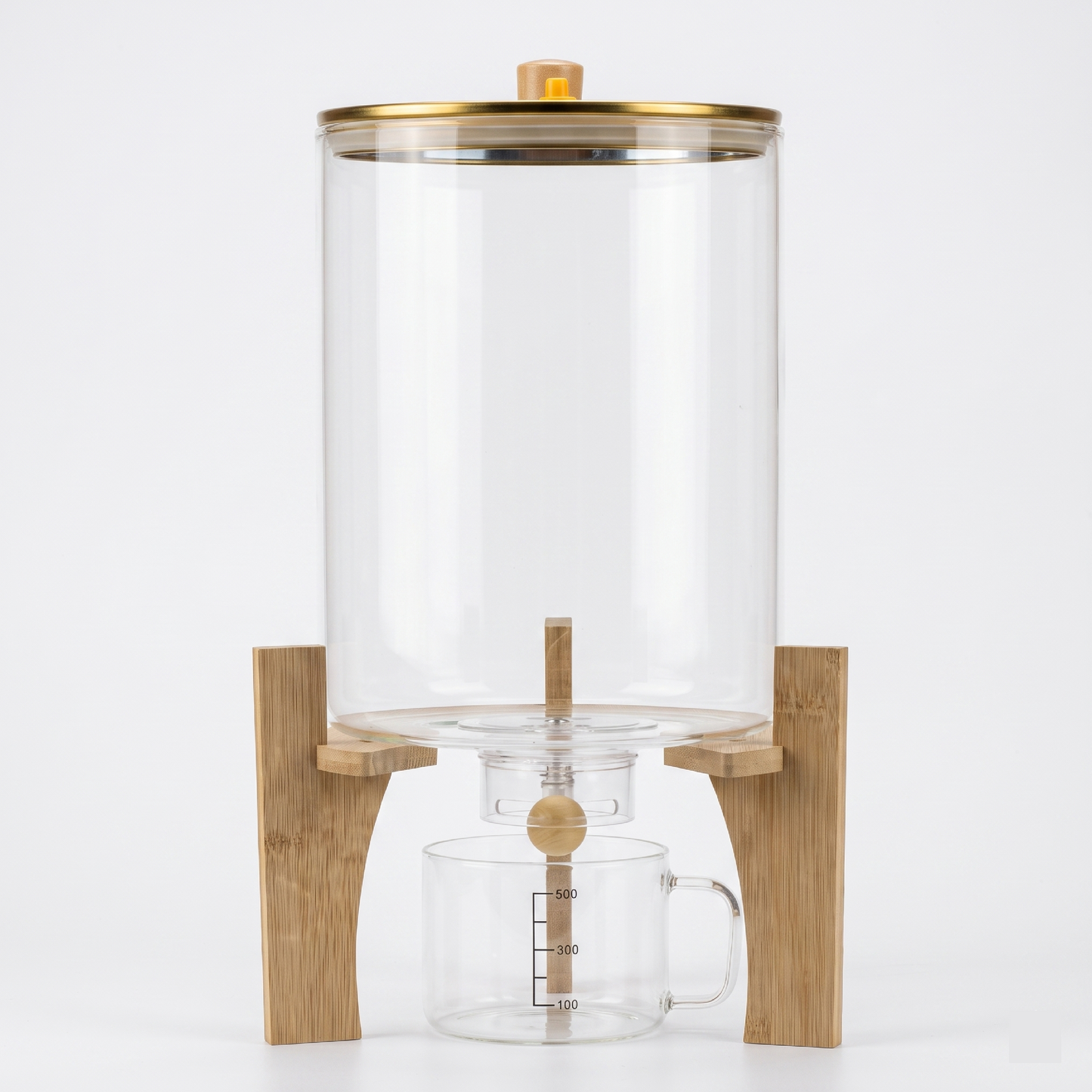 Glass Grain Dispenser with Bamboo Stand & Measuring Cup