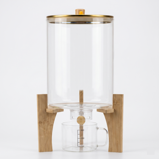 Glass Grain Dispenser with Bamboo Stand & Measuring Cup