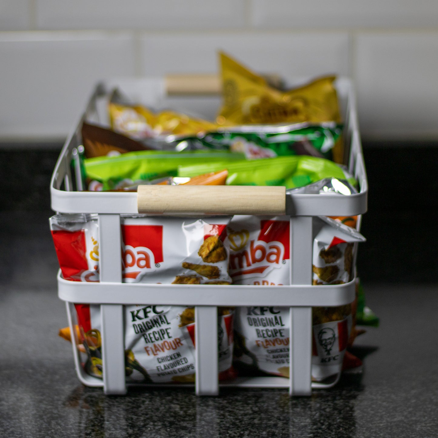 White Metal Storage Basket with Wood Handles