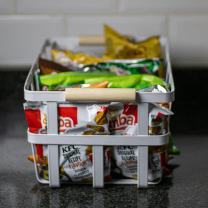 White Metal Storage Basket with Wood Handles