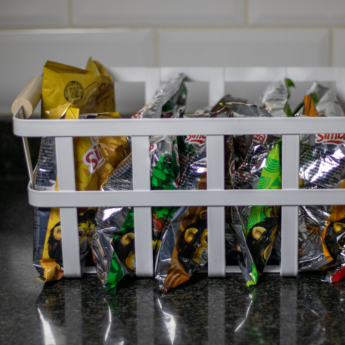 White Metal Storage Basket with Wood Handles