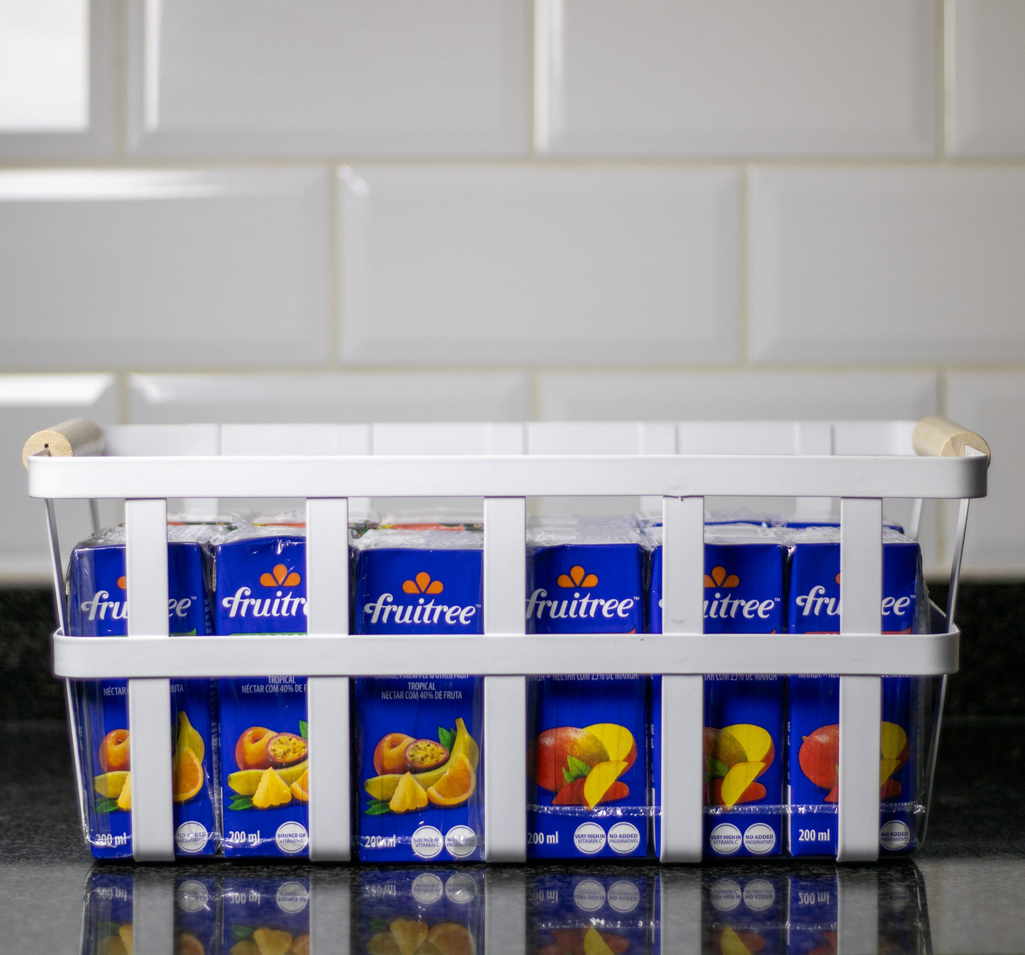 White Metal Storage Basket with Wood Handles