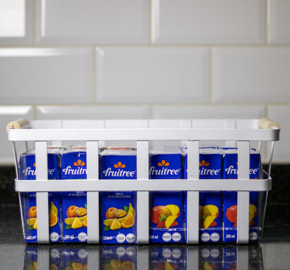 White Metal Storage Basket with Wood Handles