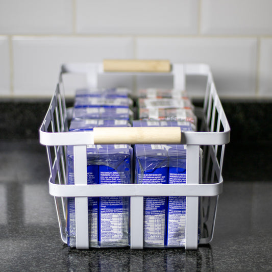 White Metal Storage Basket with Wood Handles