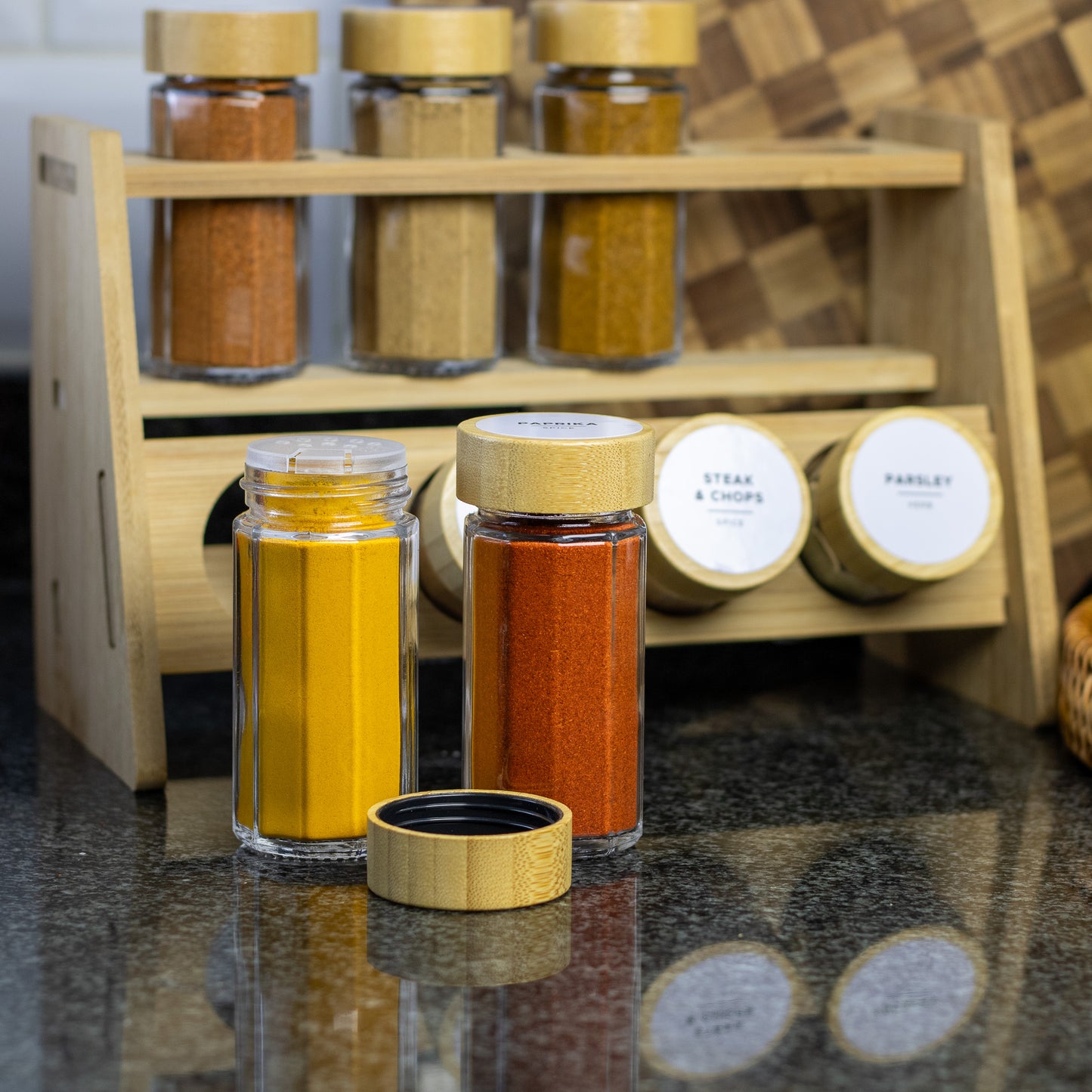 2-Layer Bamboo Spice Rack Set (8 x 100ml Jars)