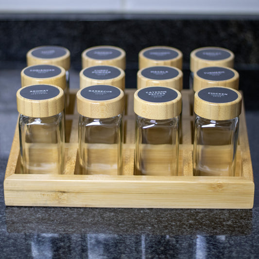 Complete Spice Jar Set - 12 Glass Jars + Labels & Spice Grid
