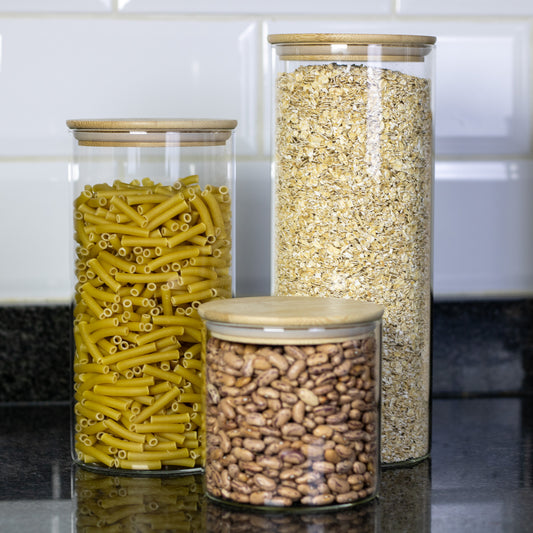 Set of 3 Round Glass Pantry Jars with Bamboo Lids
