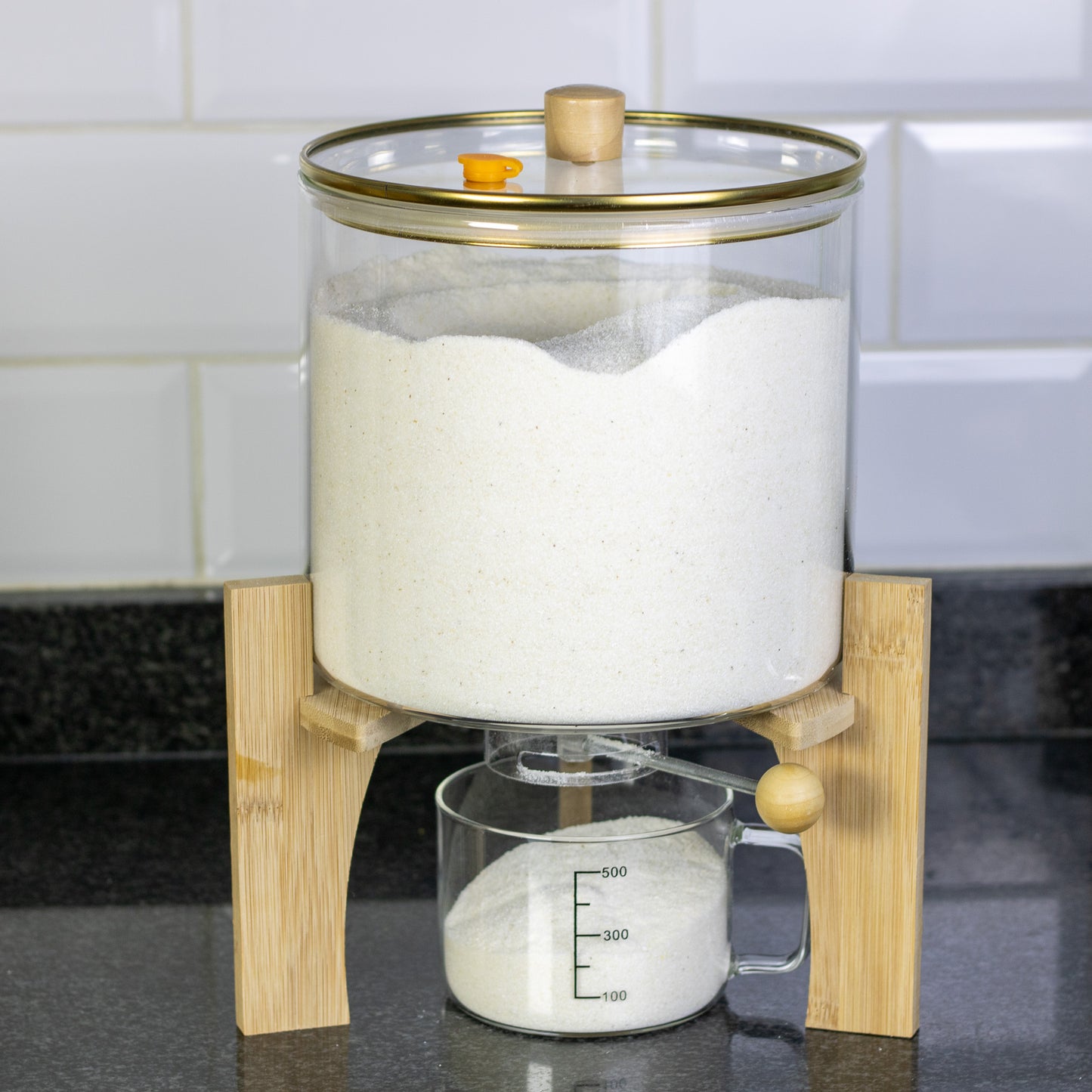 Glass Grain Dispenser with Bamboo Stand & Measuring Cup