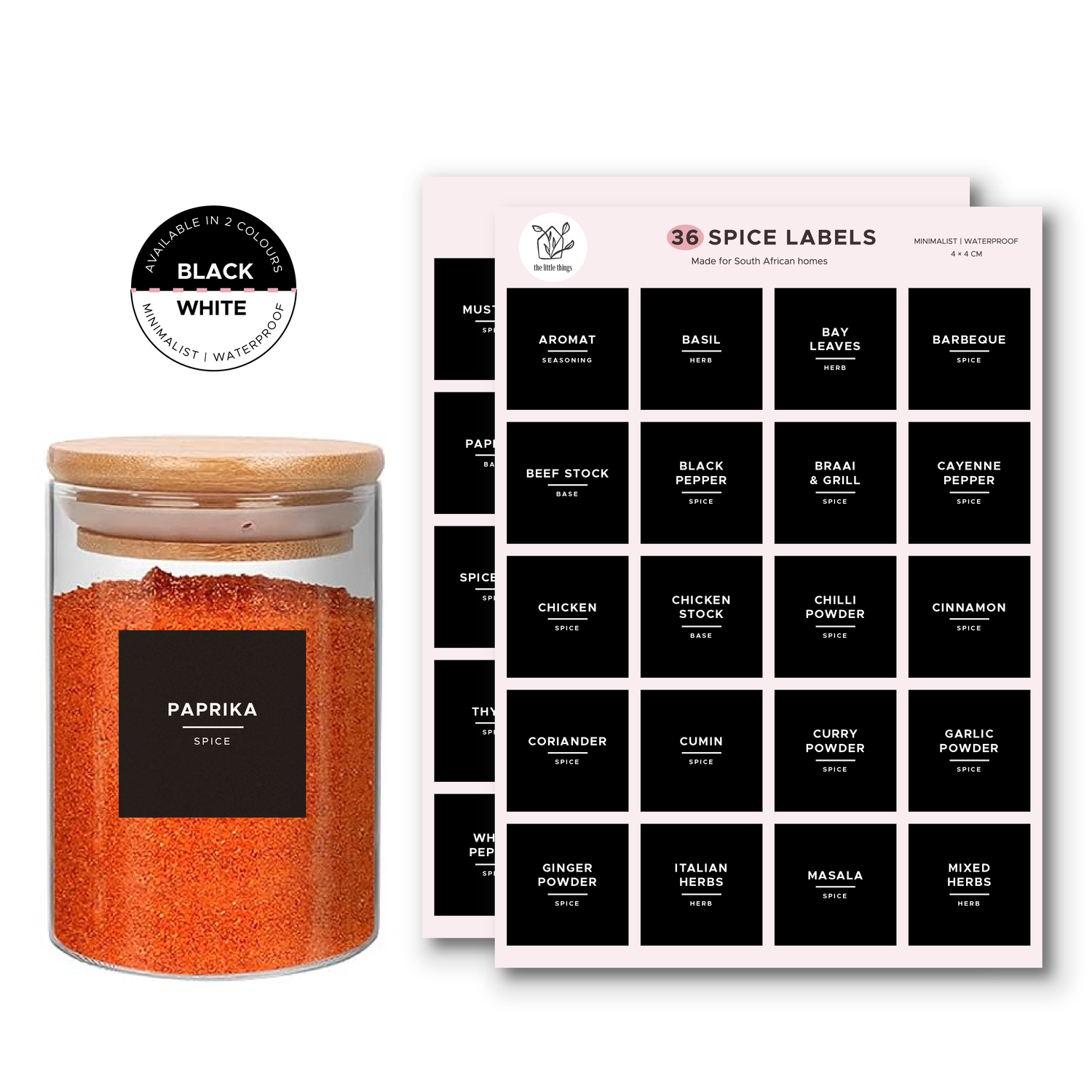 Spice jar with paprika and a sheet of spice labels on a white background