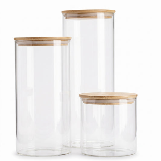 Set of 3 Round Glass Pantry Jars with Bamboo Lids