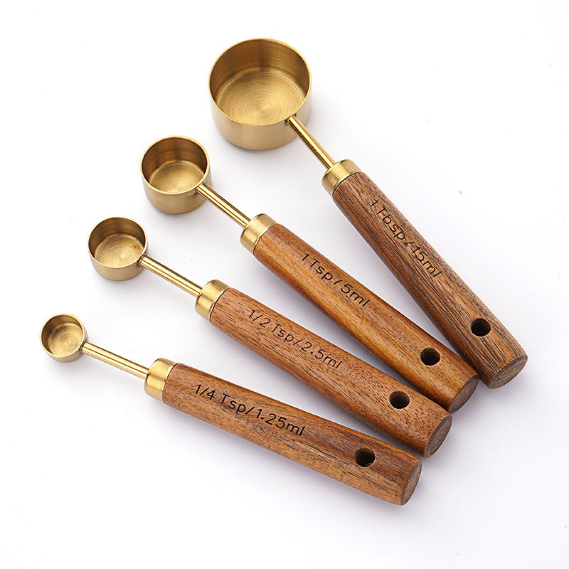 Set of 4 Wood Handle Gold Measuring Spoons
