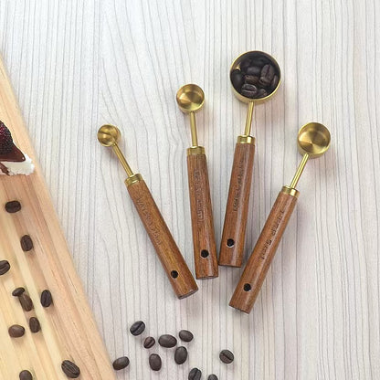 Set of 4 Wood Handle Gold Measuring Spoons