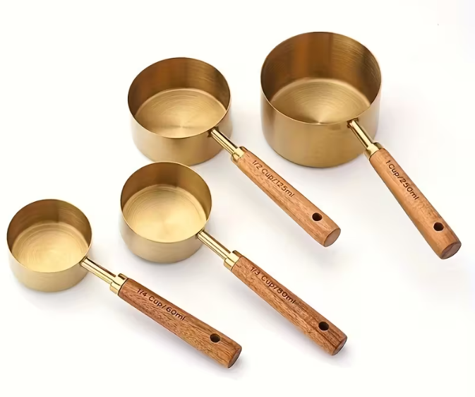 4-Piece Wood Handle Gold Measuring Cups