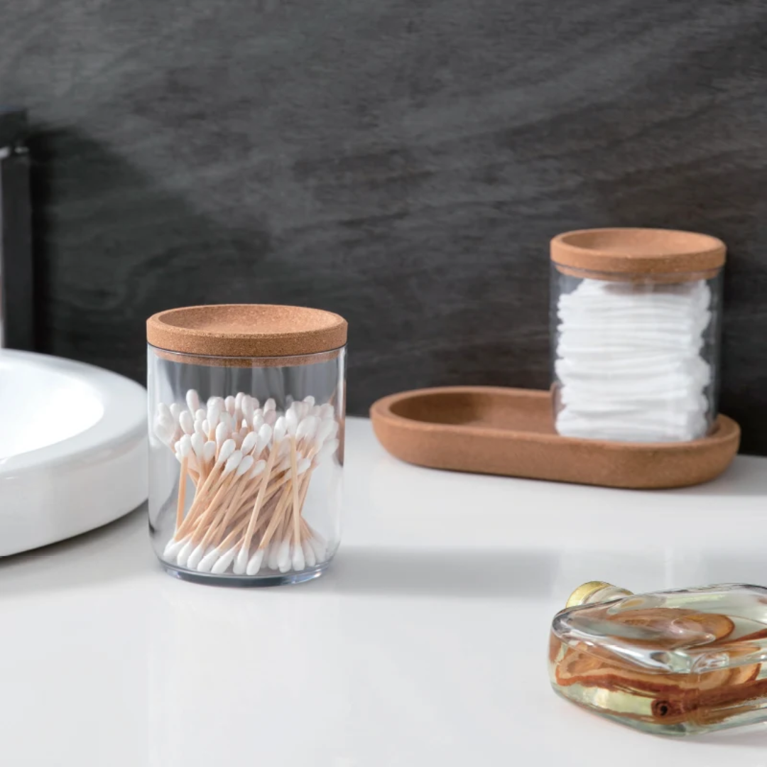 Set of 2 Glass Storage Jars with Cork Lids & Tray