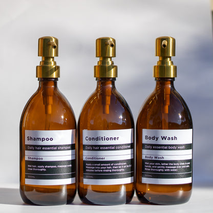 Set of 3 – 500ml Amber Glass Dispenser with Gold Pump & Labels