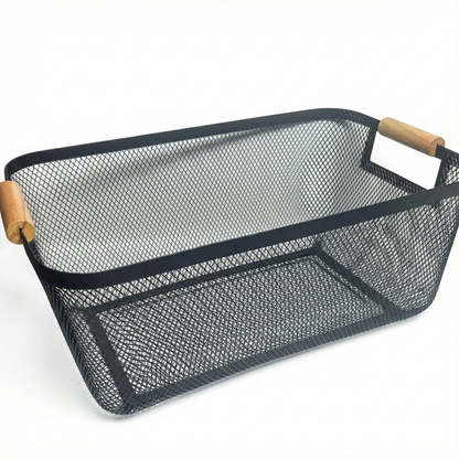 Clearance Sale: Rectangle Mesh Storage Basket with Fixed Side Wooden Handles