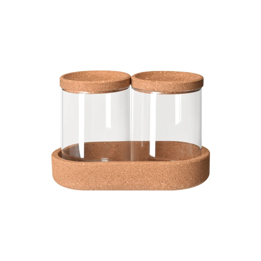 Set of 2 Glass Storage Jars with Cork Lids & Tray