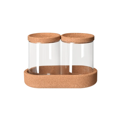 Set of 2 Glass Storage Jars with Cork Lids & Tray