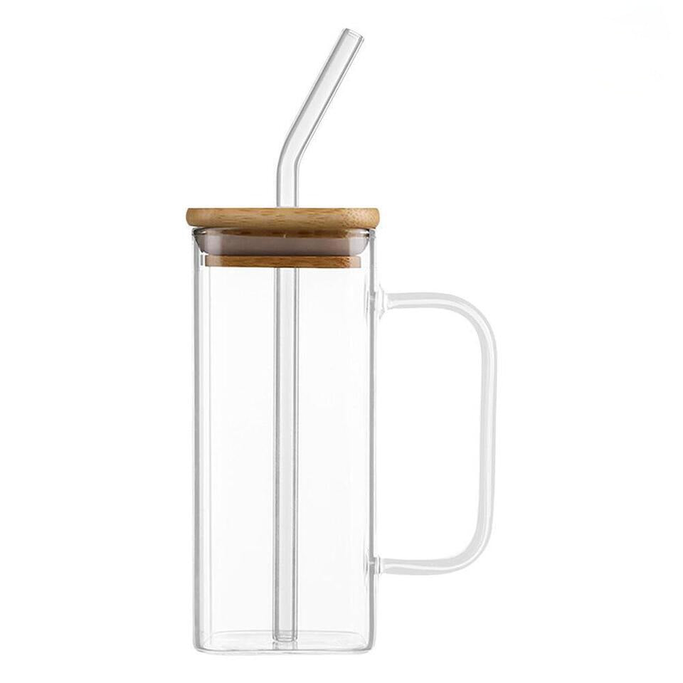 Square Glass cup with bamboo lid & straw