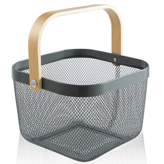 Square mesh storage basket with wooden handle
