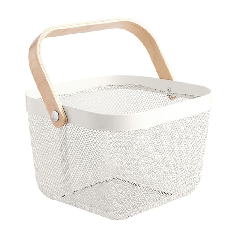 Square mesh storage basket with wooden handle